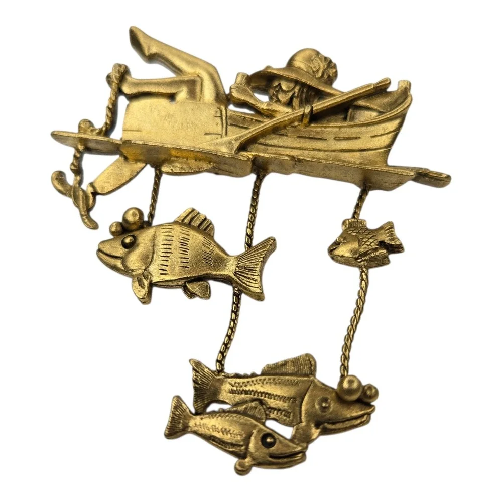 Danecraft Brooch Gold Tone Gold Vintage Fishing Rowboat Dangle Novelty Pin